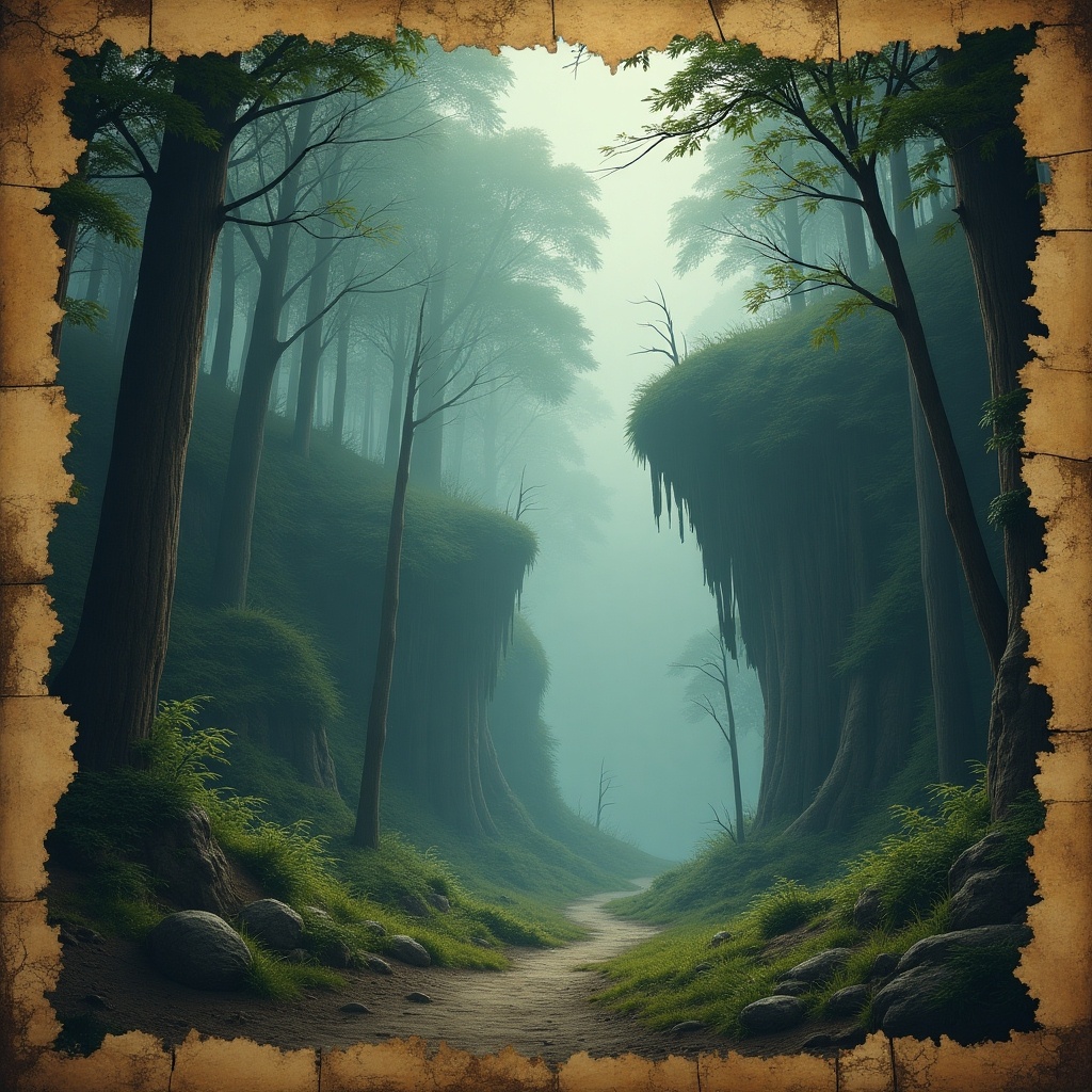 A mystical forest scene features a winding path covered in fog. Tall trees loom on either side, creating an enchanting atmosphere. The environment evokes a sense of adventure and mystery.