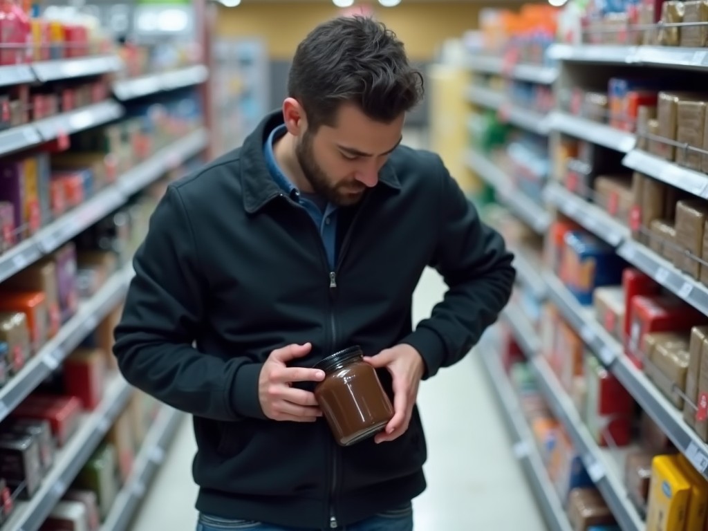 A man in a supermarket aisle holding a jar and examining it thoughtfully.