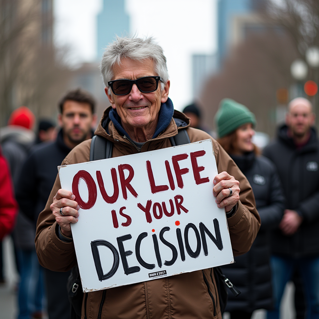 An elderly man in sunglasses holds a protest sign that reads 'Our life is your decision' amidst a group of people.