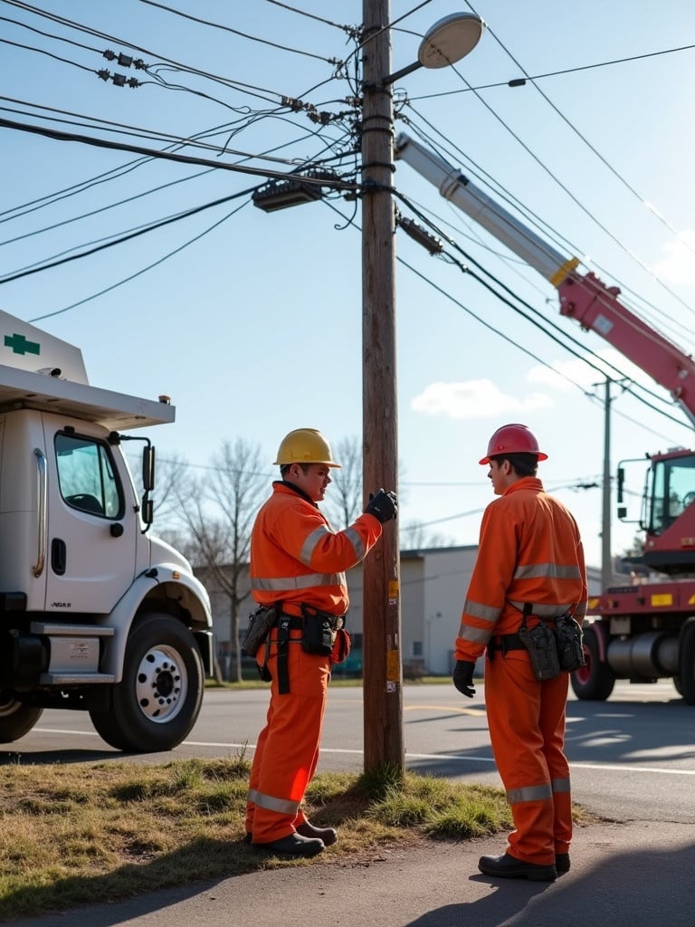 A young crew is inspecting an intersection. They ensure the utility wire remains high for proper clearance. The crew wears bright safety gear and interacts near electrical power lines.