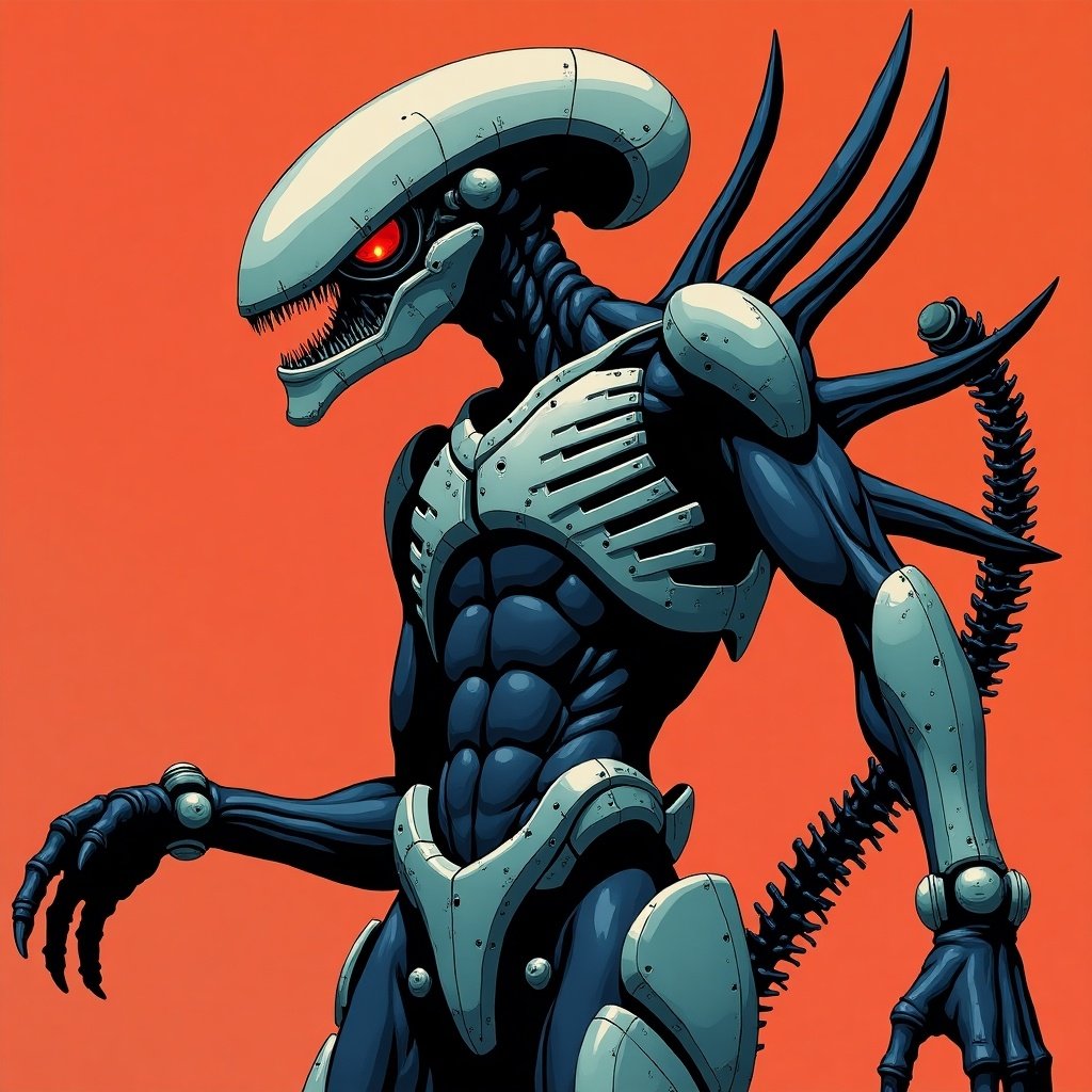 Xenomorph-like character designed in H.R. Giger style. Influence from Tsutomu Nihei. 1980s retro anime aesthetic with flat colors. Character features a muscular dark body with metallic elements.