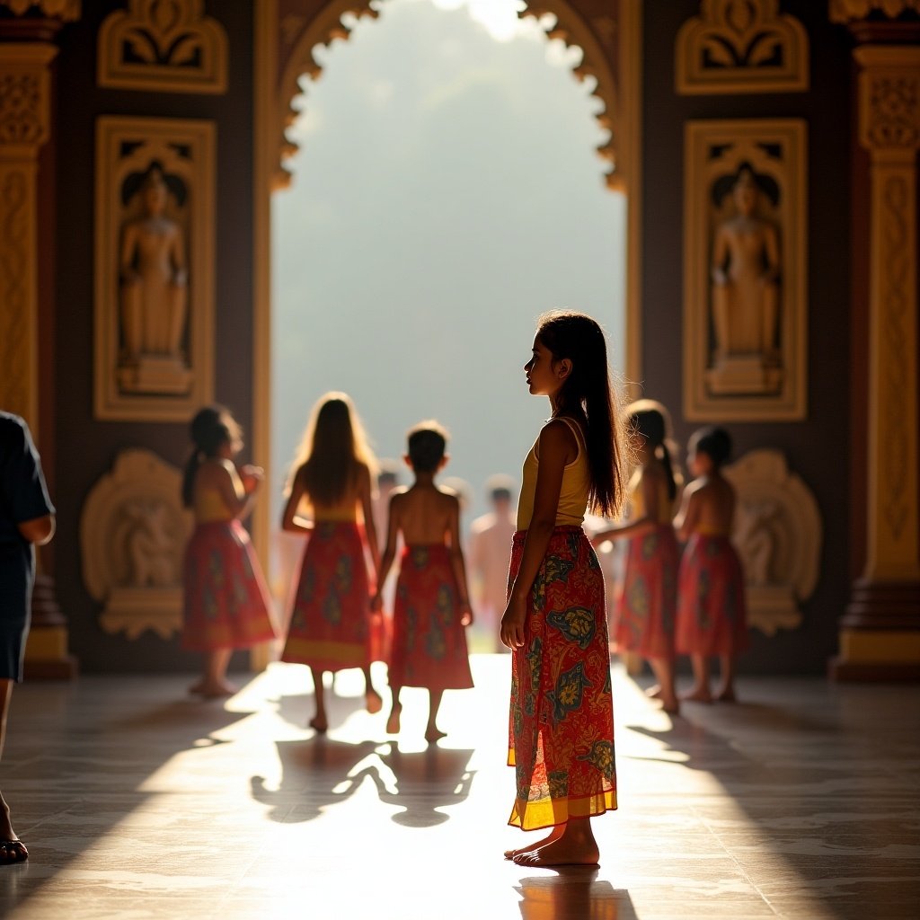 Scene of girls in colorful skirts at the Temple of Tooth Relic in Kandy. Bright sunlight streaming through the entrance creates silhouettes. Temple architecture features intricate designs.