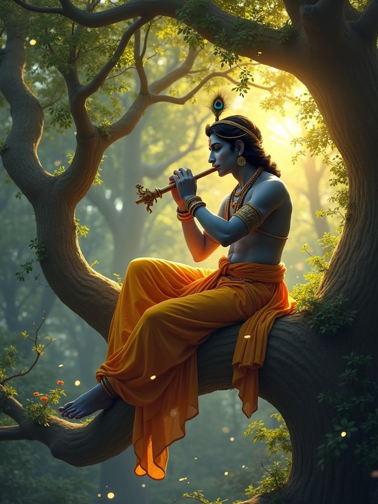 A forest filled with large ancient trees. One tree stands out with a sturdy trunk and a leafy canopy. A divine figure is seated on a branch. He radiates warmth. He plays a melody on a flute. The ambience conveys peace and tranquility.