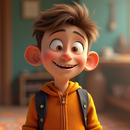 Image features a young boy in a Pixar-like cartoon style. Character has vibrant orange hoodie and a cheerful expression. The background is softly blurred, suggesting a playful and cozy atmosphere.