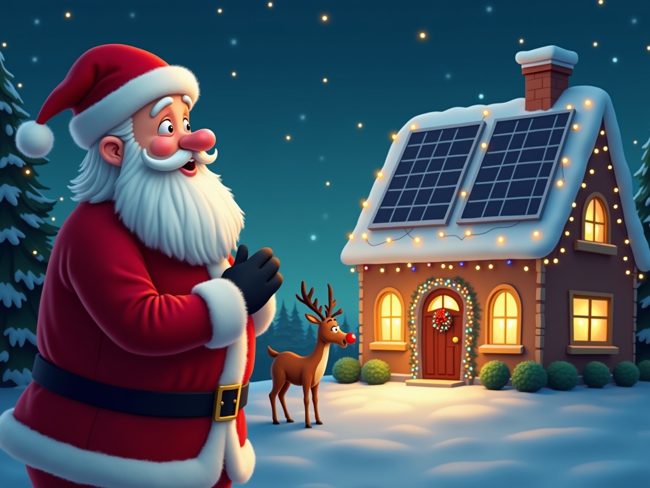 Santa Claus admires a house with Christmas lights and solar panels. Rudolph stands nearby with a bright nose. A sleigh is in the background. The image is a cartoon style depicting a winter holiday scene.