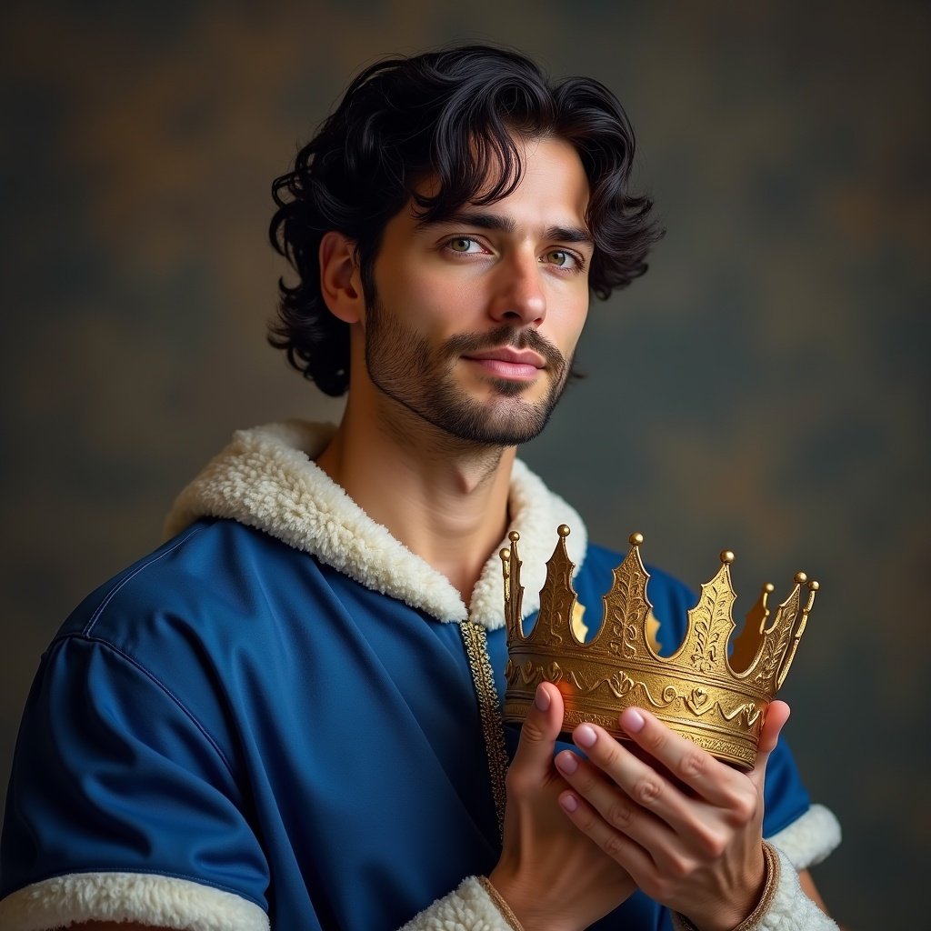 Handsome man resembling a king. Medium length dark hair. Wears a blue tunic. Holds a crown. Expresses a regal demeanor.