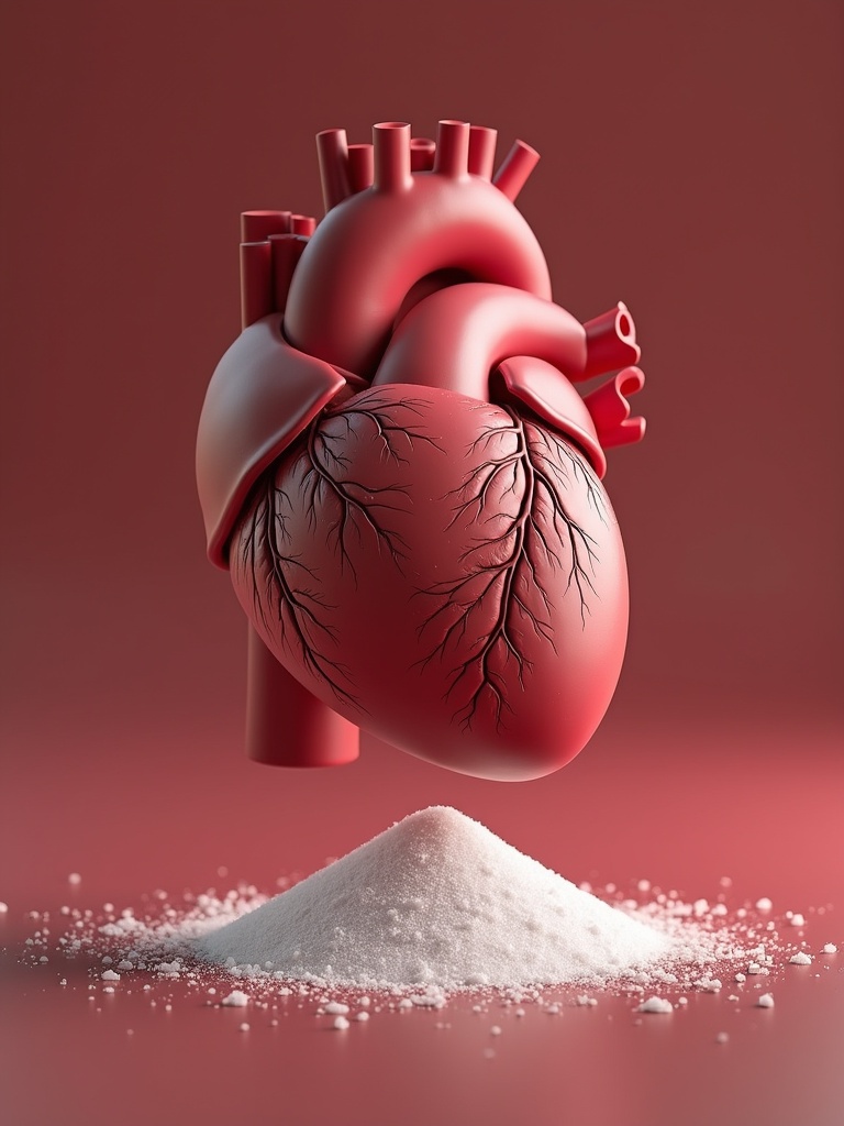 3D heart model representing high blood pressure. Heart is glossy red. It floats above a white mound of salt. Use to symbolize salt's role in hypertension. The background is a soft gradient of red tones.