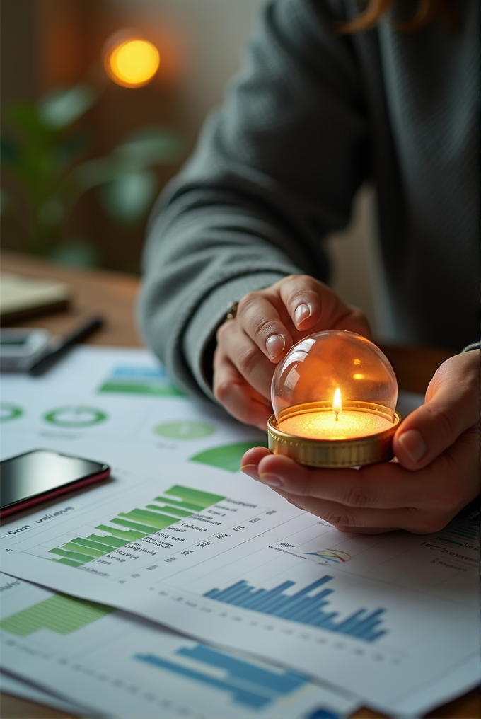 A person holds a glowing candle dome above financial graphs and charts on a desk.