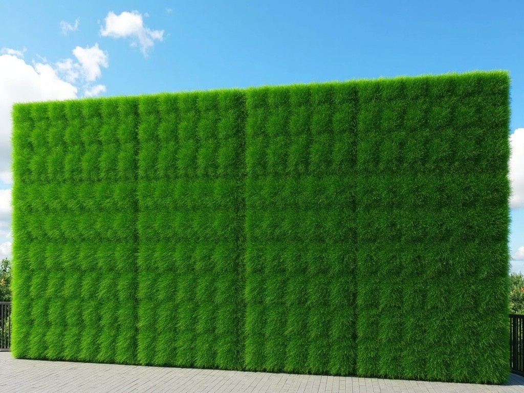 This image features a massive artificial grass wall measuring 4 meters in height and 40 meters in length. The structure is composed of vibrant green grass that appears lush and thick. The wall serves as a striking backdrop, perfect for various applications such as event decor or landscaping projects. The clear blue sky complements the greenery, enhancing the overall aesthetics of the scene. This visual could be ideal for anyone looking to explore innovative design ideas incorporating natural elements.