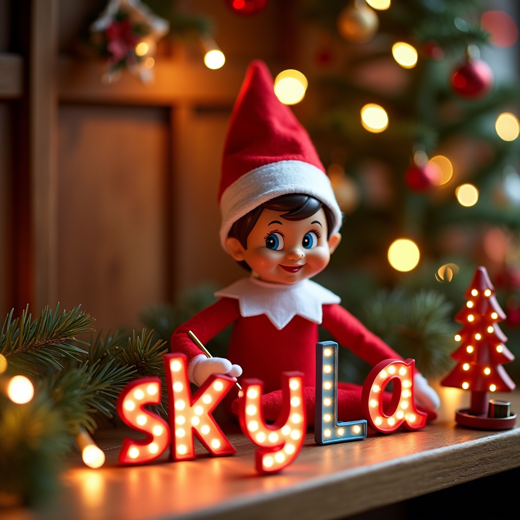 This enchanting scene depicts a cheerful elf on the shelf in a vibrant Christmas setting. The elf, dressed in a traditional red and white outfit, is joyfully writing the name 'skyla' in illuminated letters. Surrounding the elf are festive decorations, including a beautifully decorated Christmas tree and twinkling lights that enhance the magical atmosphere. The entire background radiates warmth and holiday cheer, making it ideal for family celebrations. This delightful image captures the essence of Christmas magic, appealing to anyone who loves the holiday spirit.