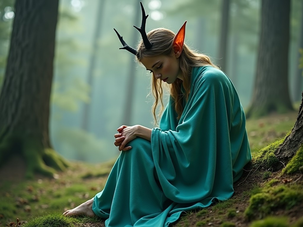 The image depicts an arcane character seated quietly in a mystical forest setting. The character is enveloped in a turquoise garment, giving off a serene and gentle aura. With unique, protruding ears, they have an ethereal appearance that complements their anxious yet empathetic demeanor. The soft lighting creates a calming atmosphere, filled with magical, warm tones. This character expresses patience and a longing for support in a tranquil, otherworldly environment.