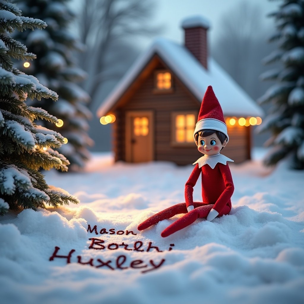 An elf on the shelf sits happily in a snowy landscape. He wears a red outfit with a white collar, complete with a festive hat. Behind him is a cozy cabin, warmly lit to create a magical holiday atmosphere. The ground is blanketed in soft, white snow, where he writes ‘See you soon Mason, Bodhi, Zarli and Huxley’ in the snow. Trees decorated with twinkling lights surround him, contributing to the peaceful winter scene that evokes the spirit of Christmas.