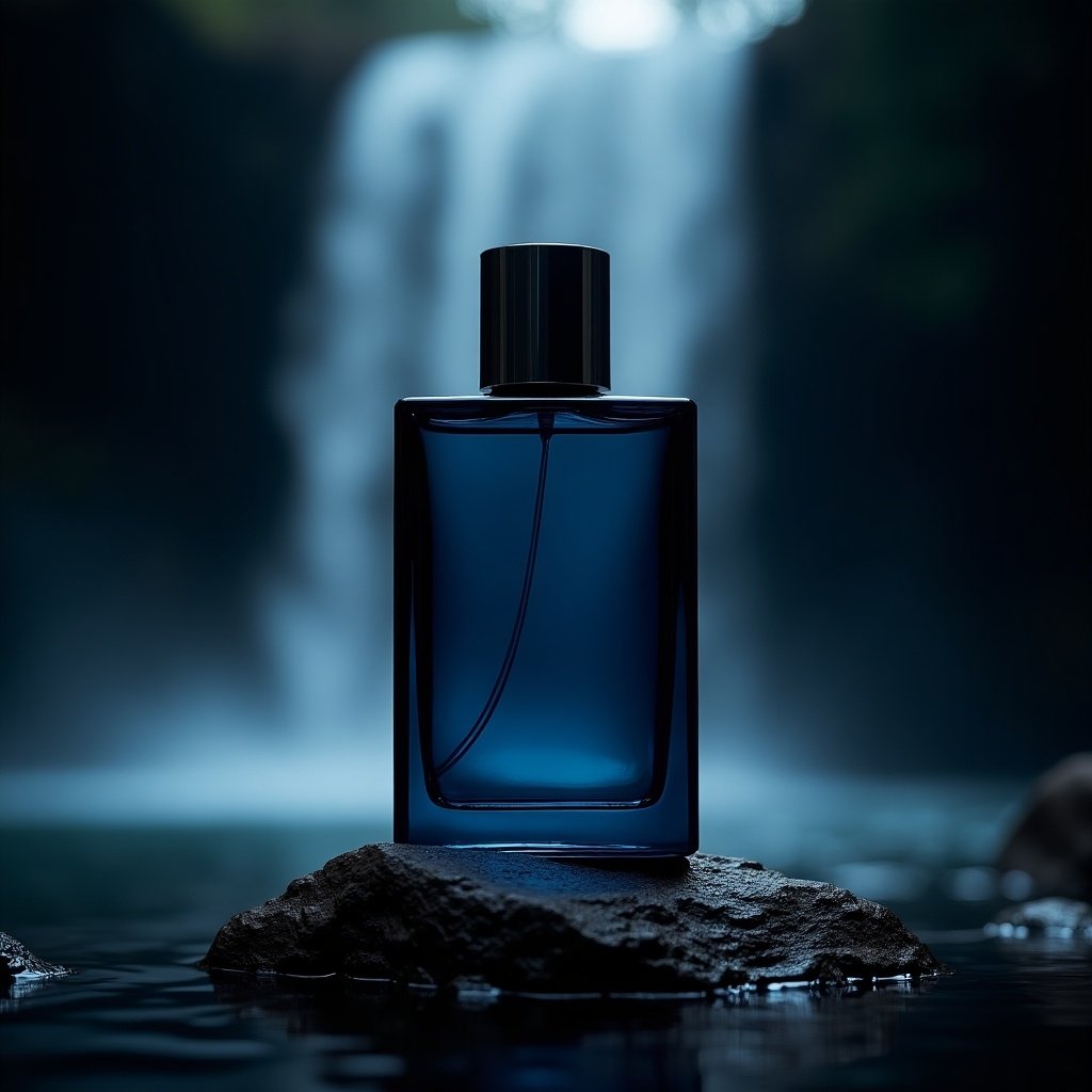 Image features a luxurious cologne bottle positioned on a rock. Dark atmospheric waterfall backdrop. Dark blue glass bottle with silver cap reflecting light. Ambiance evokes masculinity and sophistication.