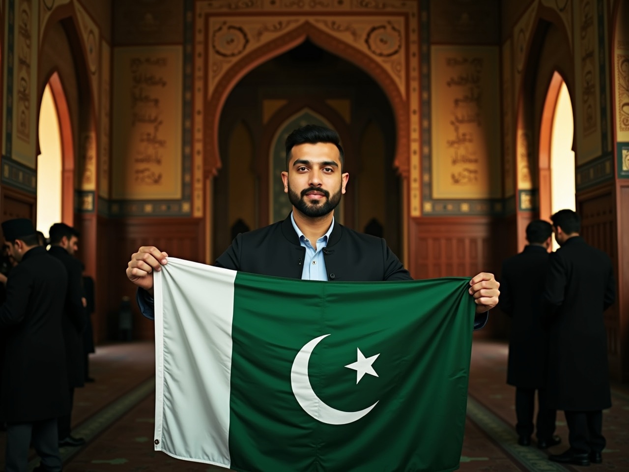 A man stands proudly holding the flag of Pakistan inside a beautifully decorated mosque. The setting features intricate architectural details and ambient lighting that creates a warm atmosphere. Behind him, shadowy figures of others can be seen, enhancing the sense of community. The flag's vibrant green and white colors contrast with the warm tones of the mosque, symbolizing hope and pride. This scene embodies cultural appreciation and spiritual reverence.