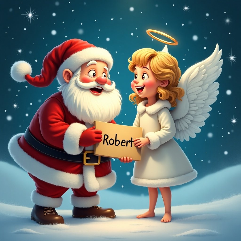 Santa Claus interacts with an angel. Winter wonderland scene. Joyful expressions. Snowflakes and stars in the sky. Sign held by characters says Robert.