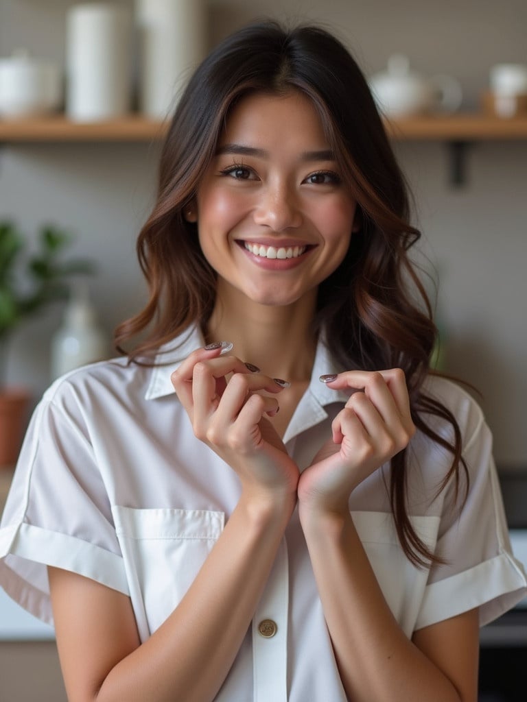 Portrait of a nail technician in a professional environment. Model with hands showcasing nails. Soft and clean aesthetic with stylish presentation. Natural decor and light enhance the beauty of the setting.