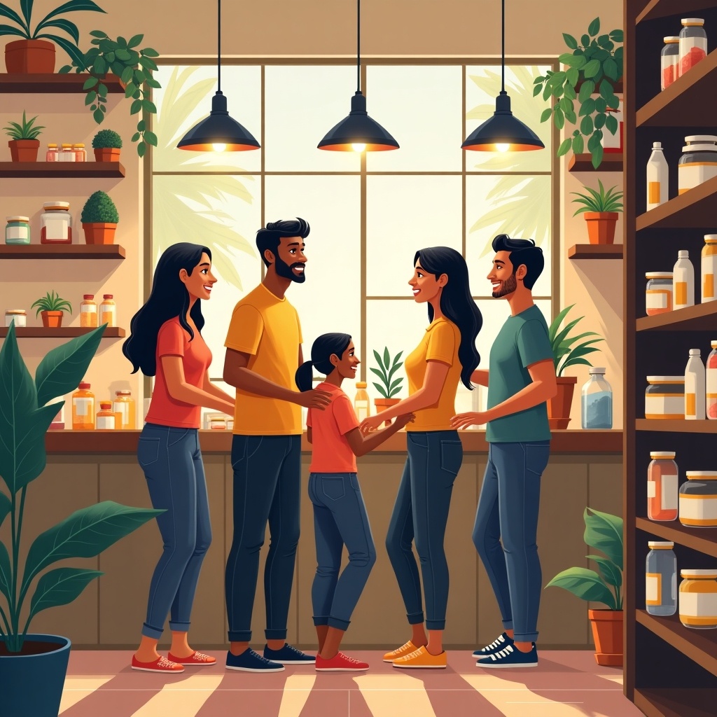 The image depicts a family engaged in a lively interaction inside a cozy shop. They are smiling and enjoying each other’s company amidst shelves filled with various products. The scene is well-lit with natural light streaming through a large window and warm pendant lights hanging from above. The family members, including a child, convey emotions of joy and togetherness. There are plants and neatly arranged items around, enhancing the welcoming ambiance of the shop.