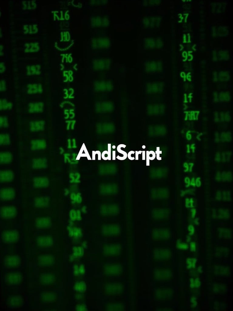 Green text lines of code on a dark background. Text is arranged vertically. Dark background enhances green text visibility. White text 'AndiScript' is in the center.