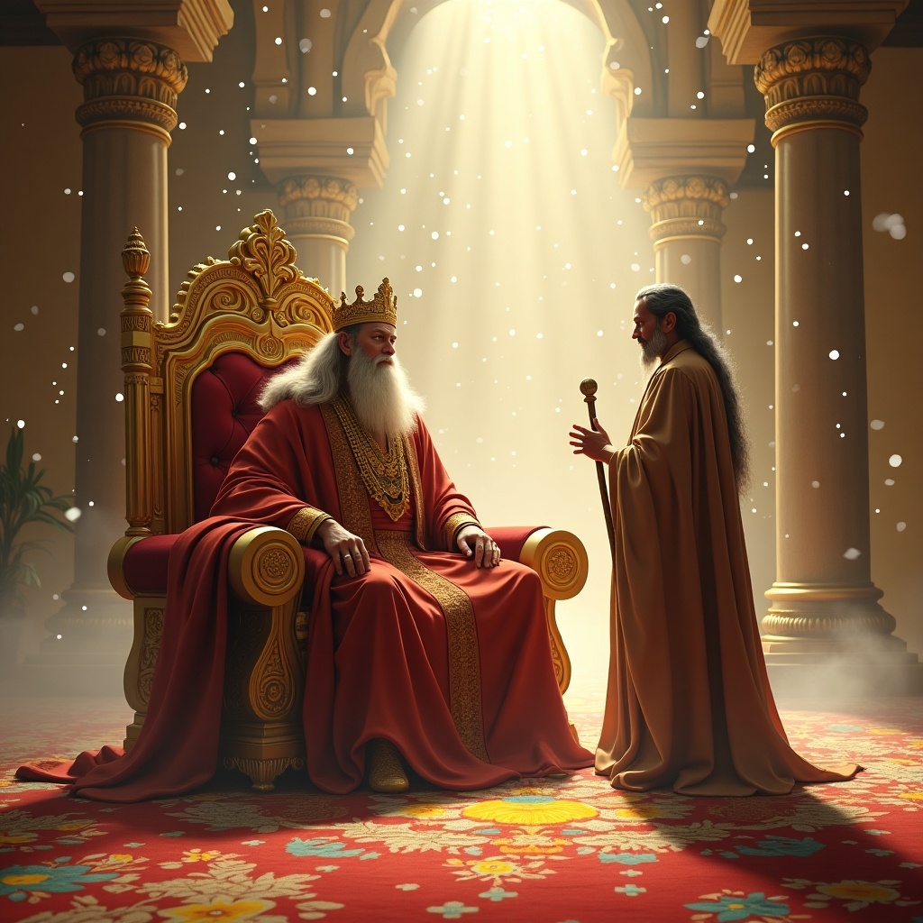 A royal scene in an ancient palace features a majestic king on a golden throne. He wears rich traditional attire with long hair and a beard. An advisor stands before him in a simple robe, holding a staff. Ethereal light fills the atmosphere with floating particles. The palace's intricate architecture and colorful floral elements are visible.