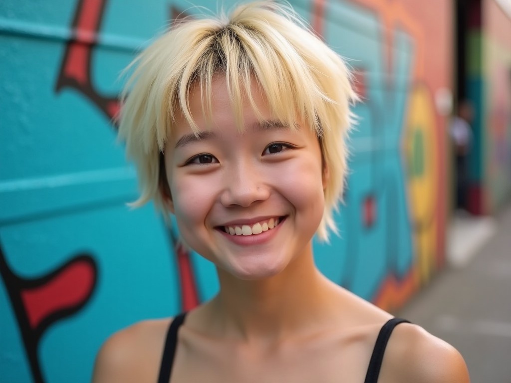 A fresh-looking Korean individual with short, messy blonde hair smiles brightly. The person's hair has an edgy, carefree style, and they radiate youthful energy. In the background, vibrant street art adds a lively touch to the scene. The soft lighting highlights their features beautifully. Their casual attire complements the relaxed vibe of the setting.