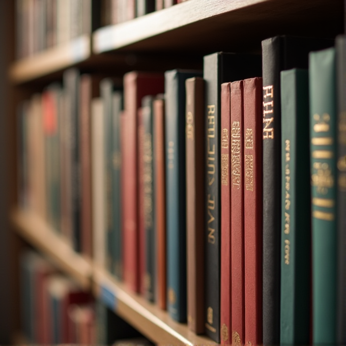 Sun-dappled books fill a library shelf, their titles embossed in gold on an array of colorful spines, evoking a serene ambiance.