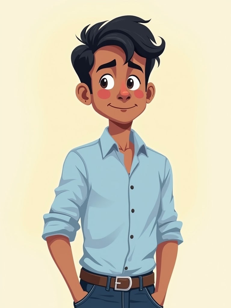 Cartoon-style illustration shows a young Indian male character. Long black hair is styled neatly. He wears a light blue button-down shirt and dark jeans. The character stands with relaxed posture and slight smile.