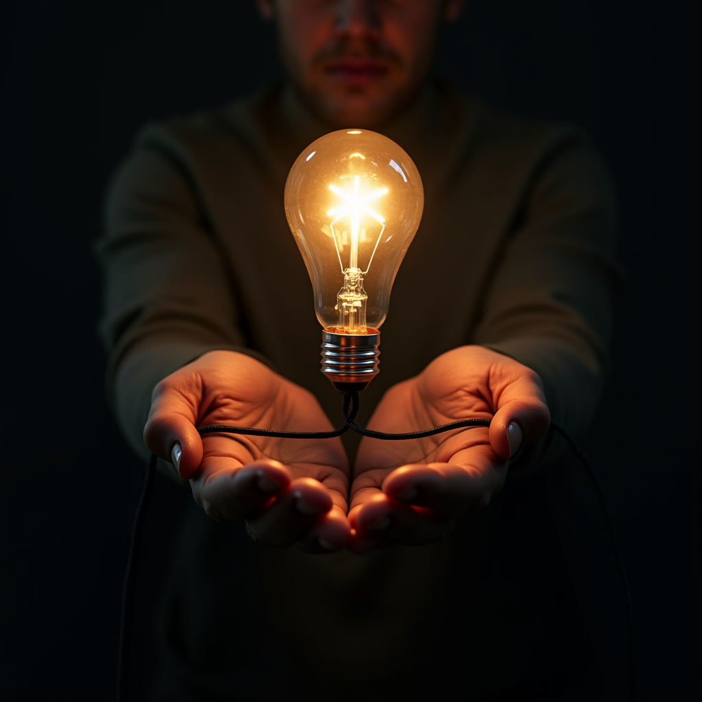 A person holding a glowing light bulb in their cupped hands, symbolizing creativity and innovation.