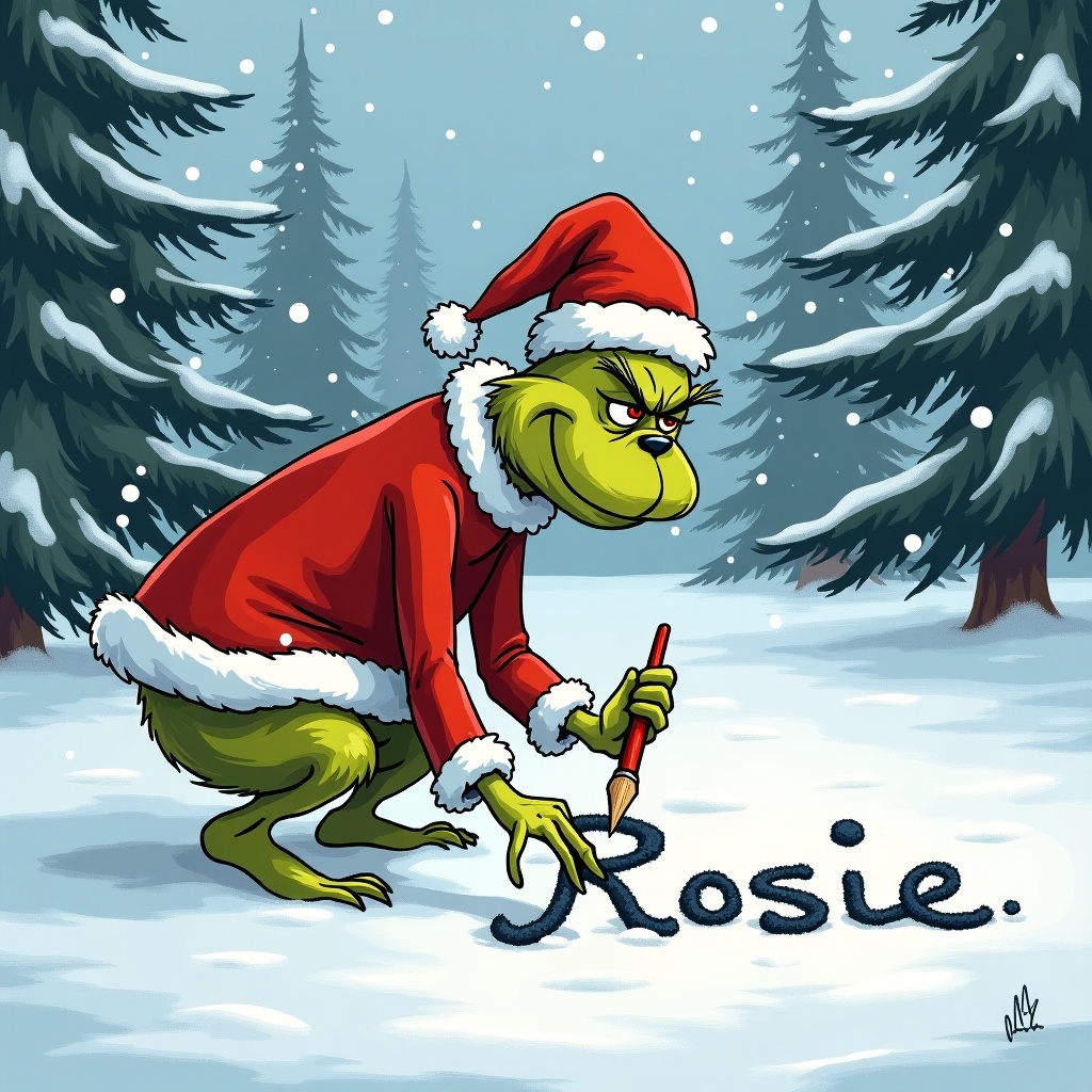 Image shows Grinch in Santa suit writing name Rosie in snow. Snow is falling. Surrounded by tall snow-covered trees. Grinch has a cheerful expression. Captures holiday charm and magic.