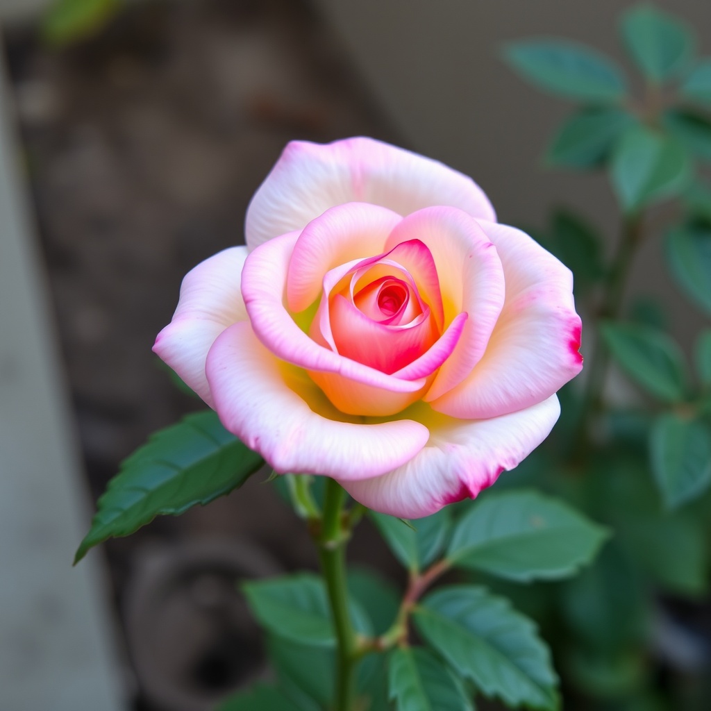 A delicate pink rose with softly curling petals in a garden setting.