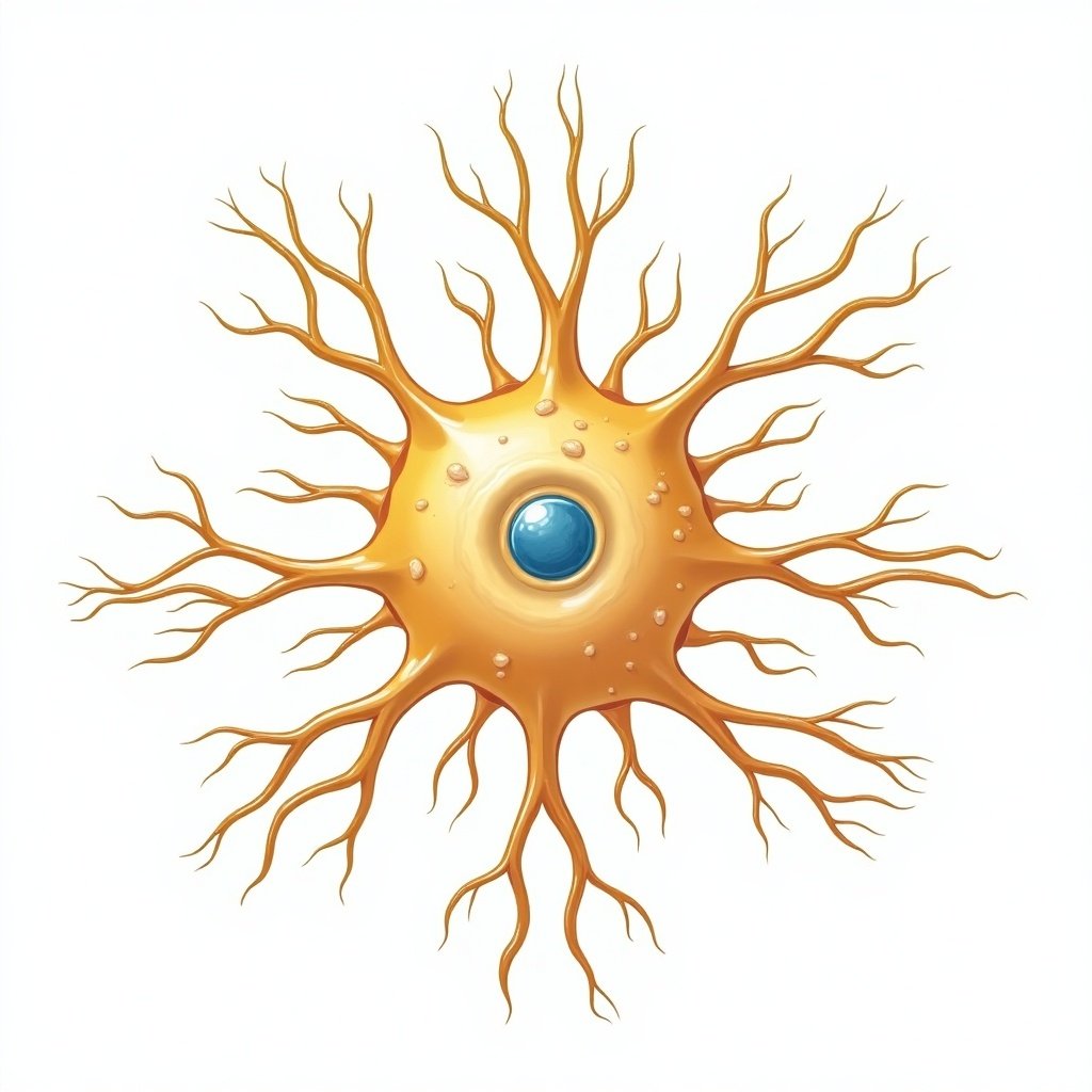 Neuron illustration with nerve branches. Central blue sphere surrounded by yellow and orange structure. Accentuates myelin sheath features. Suitable for educational and scientific contexts.