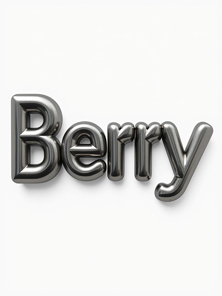 Photorealistic image of the word Berry. Letters constructed from solid tubular steel. Surface polished and shiny. Appearance three-dimensional. Transparent background.