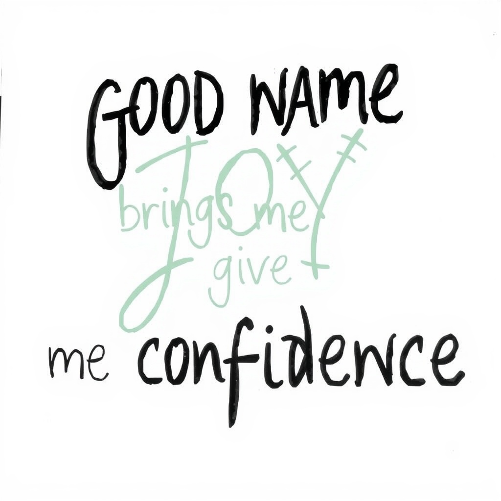 The image contains the phrase 'GOOD NAME brings me JOY give me confidence' written in mixed fonts and colors.