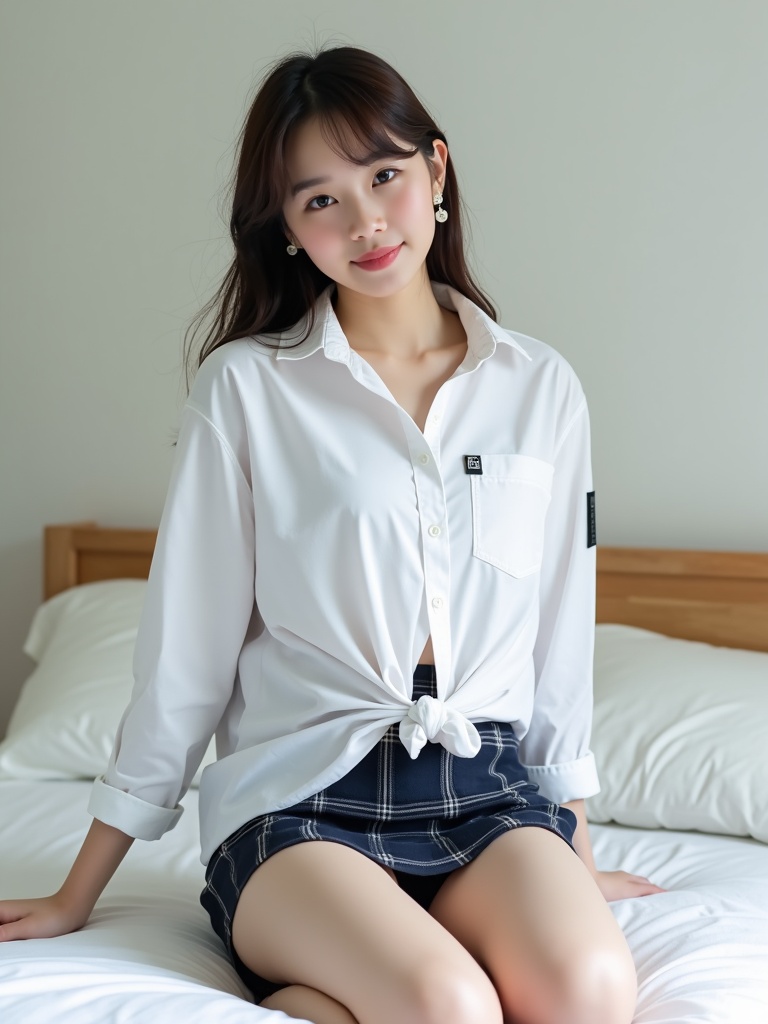 The image features a young woman sitting on a bed with a warm and inviting smile. She wears a crisp white shirt tied at the waist and a chic dark plaid skirt, exuding a fresh and stylish vibe. The background is minimalistic, with soft lighting creating a relaxed and comfortable atmosphere.