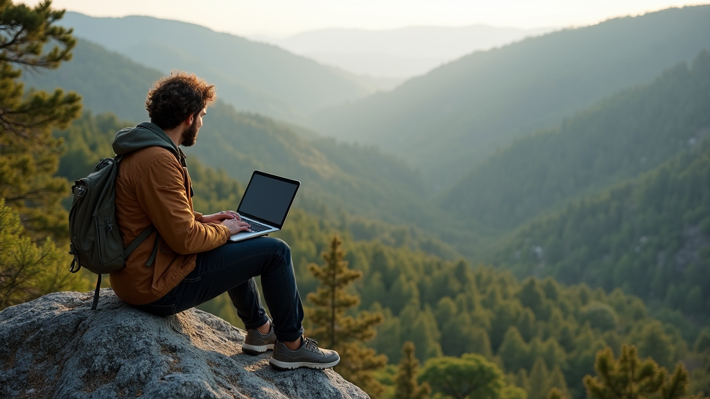 A person with a backpack sits on a rock, using a laptop while gazing at sprawling, forested mountains under a soft, cloudy sky.