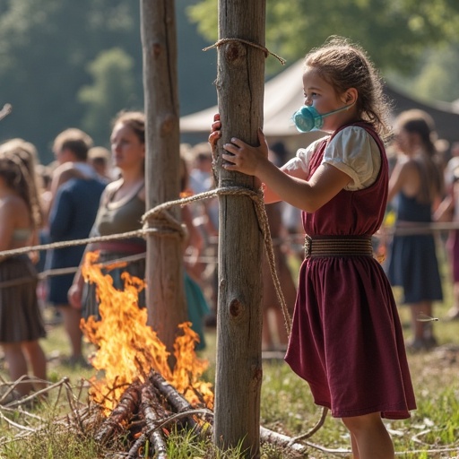 A mother ties her daughter to a pole during a historical festival. An outdoor scene is shown with branches and logs. The daughter wears an oversized pacifier. Other children are tied to nearby poles. A fake fire burns underneath. The atmosphere is bright and filled with background people.