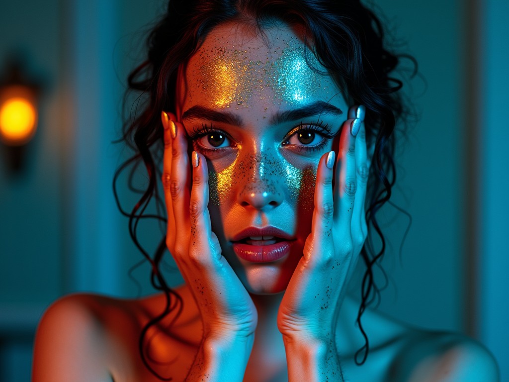 A woman with sparkling glitter accents on her face stands amidst a play of dramatic lighting, which contrasts warm and cool hues. Her eyes engage the viewer with an intense, expressive gaze, surrounded by blue and orange lighting that adds depth and drama to her portrayal. The use of light and shadow enhances the texture and mood, making the image both captivating and evocative.