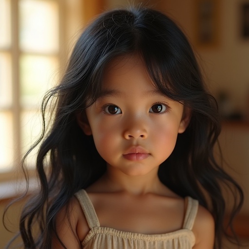 A young girl with long curly black hair is wearing a simple dress. The background features soft natural lighting. The focus is on the girl's hairstyle and demeanor.