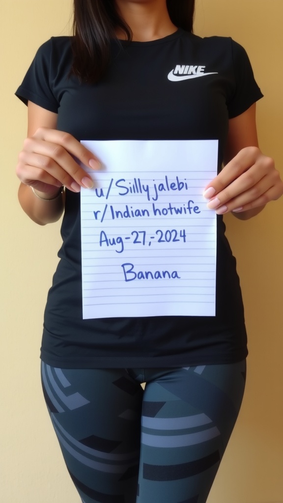 The image features a person in athletic wear, holding a handwritten sign. The person is dressed in a black Nike t-shirt and patterned leggings. The background appears to be a simple, neutral-colored wall, emphasizing the casual and sporty theme.