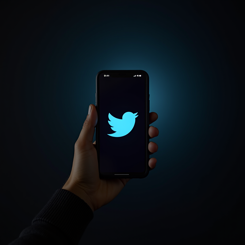 A hand holding a smartphone displaying the Twitter logo against a dark background.