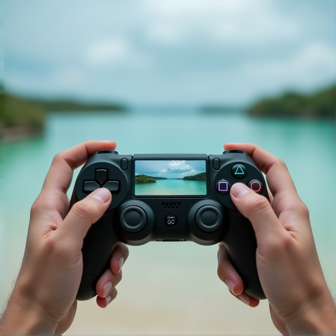 A black gaming controller is being held in front of a scenic tropical seascape, with a turquoise sea and lush greenery on the horizon.