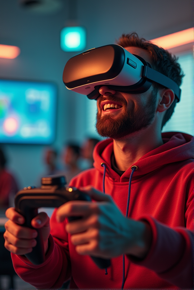 A person wearing VR goggles smiles while playing a video game with a controller.