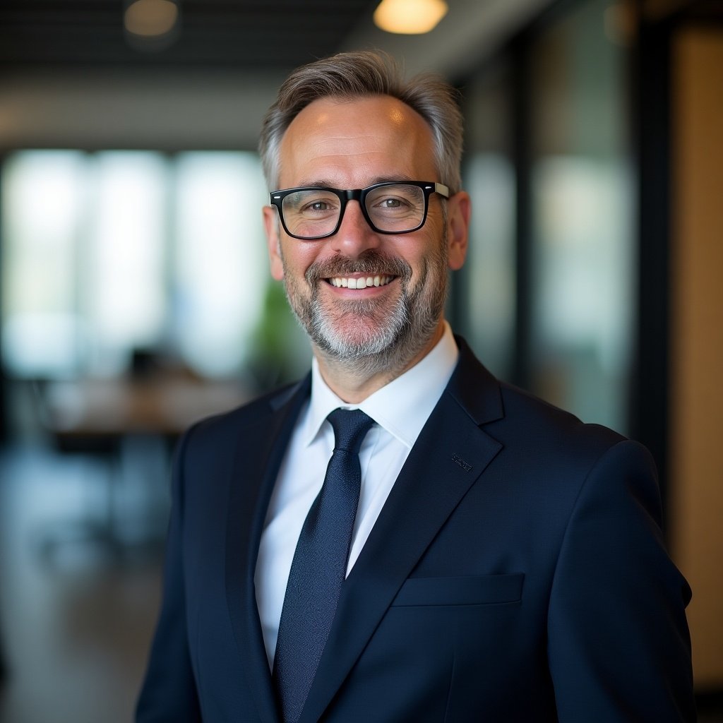 Portrait of a confident gentleman dressed in a formal suit and tie. He stands in a modern office setting with a subtle out-of-focus background. The lighting is soft and enhances natural features. This image conveys professionalism and approachability.