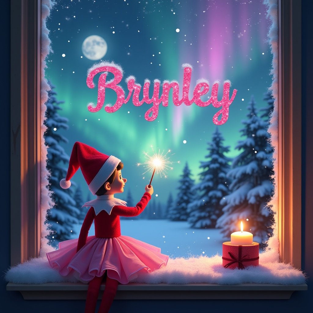 The image depicts an enchanting Elf on the Shelf, elegantly dressed in a pink poofy dress. With its back turned, the elf gazes out a snowy window at a breathtaking sky filled with the vibrant northern lights. In one hand, the elf holds a magical wand, producing the name 'Brynley' in sparkling pink glitter. The window’s sill is adorned with a flickering candle and a gift, complementing the cozy winter atmosphere. Snow-covered evergreen trees complete the festive scene, capturing the essence of Christmas cheer and wonder.