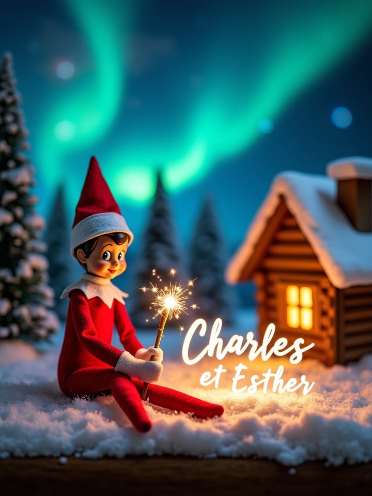 An enchanting Christmas setting features an elf in red and white outfit. The elf holds a magic wand and writes 'Charles et Esther' in glowing text. Vibrant northern lights illuminate the background. A charming log cabin is nearby, surrounded by snow. The scene radiates joy and the spirit of Christmas.