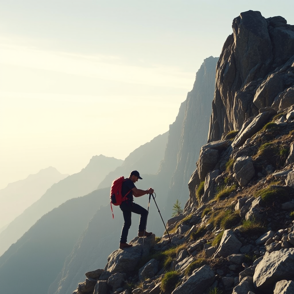 A hiker climbs a rugged mountain slope with trekking poles and a red backpack against a misty backdrop.