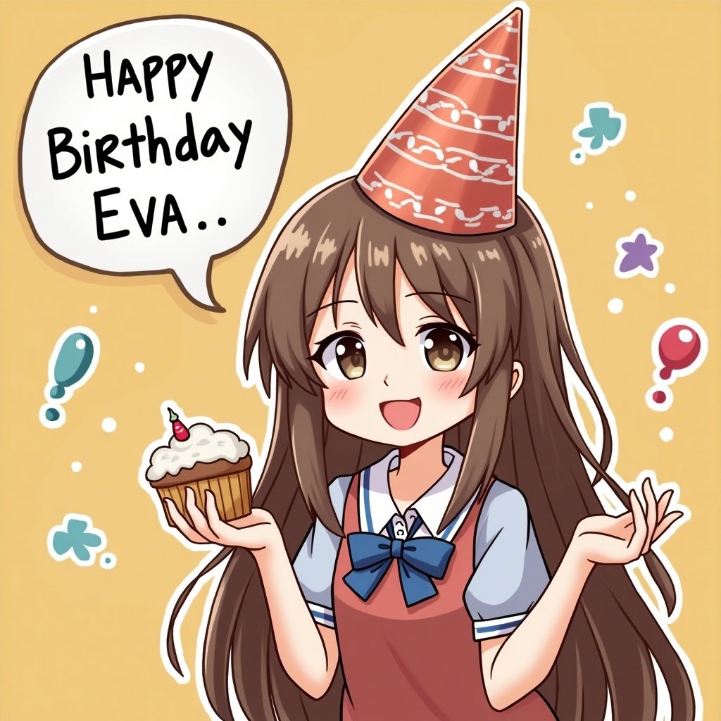 Birthday celebration theme featuring a character with a cupcake and a festive hat. Text saying Happy Birthday Eva is included. Cute and cheerful aesthetic with pastel colors.