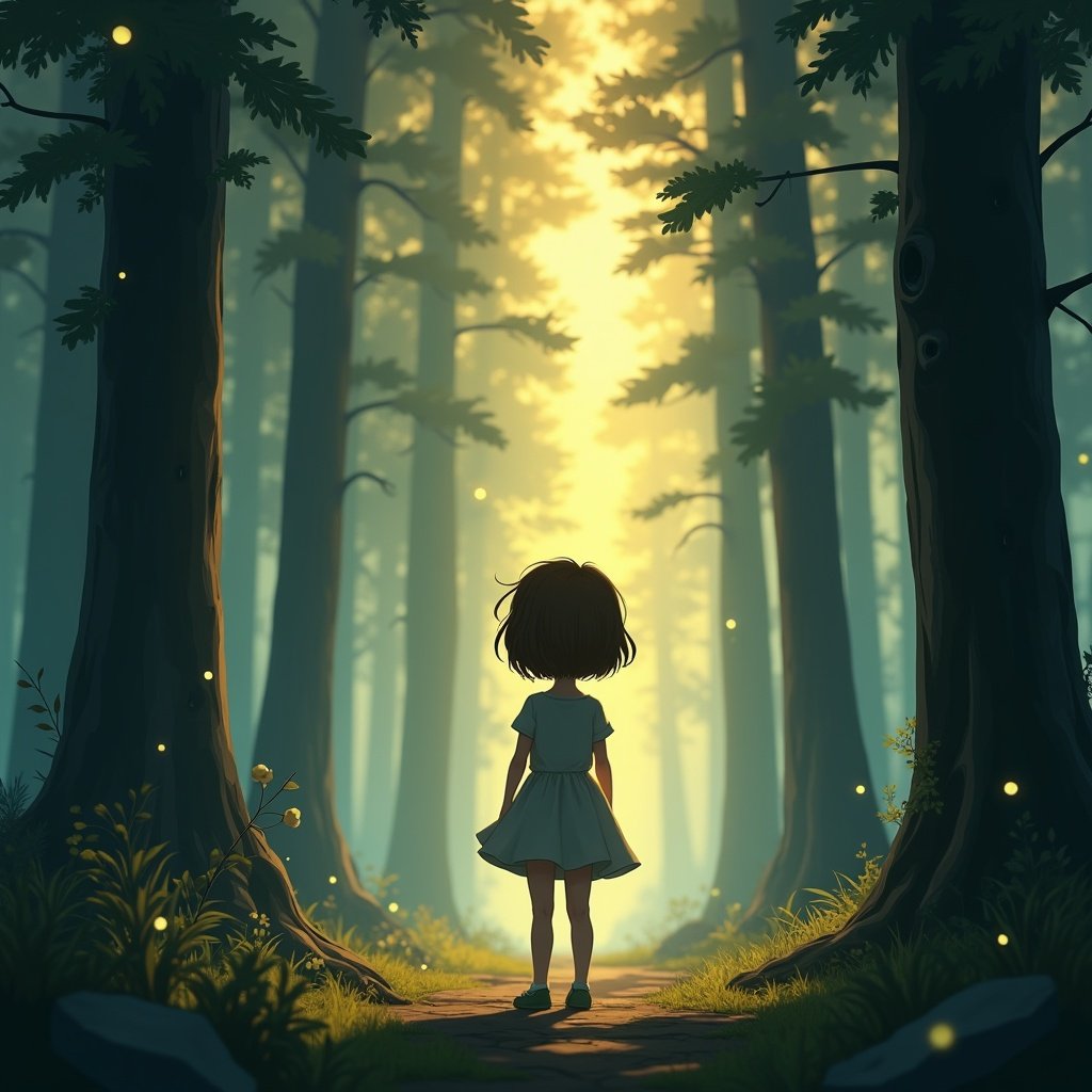 2D animation of a young girl at the forest's edge. Misty backdrop. Soft golden sunlight filters through. Glowing lights surround. Girl looks curiously into trees. Magical and mysterious atmosphere.