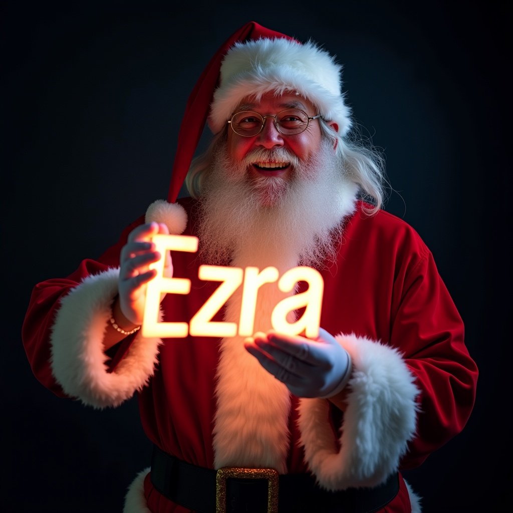 Image features Santa Claus in a traditional red and white suit. Santa holds a glow stick with the name 'Ezra' in bright light. Jolly expression on Santa's face. Dark background highlights text's glow. Image captures the magic and joy of Christmas.