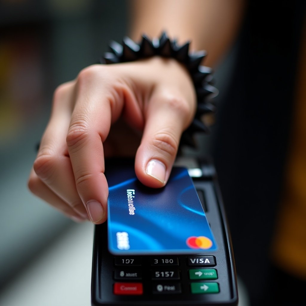 Close-up view of a person making a contactless payment with a credit card. Hand with a black spiked bracelet hovers over a payment machine. The card has a deep blue design and is prominently displayed. Background is unobtrusive to emphasize the transaction. Bright lighting illuminates the scene.