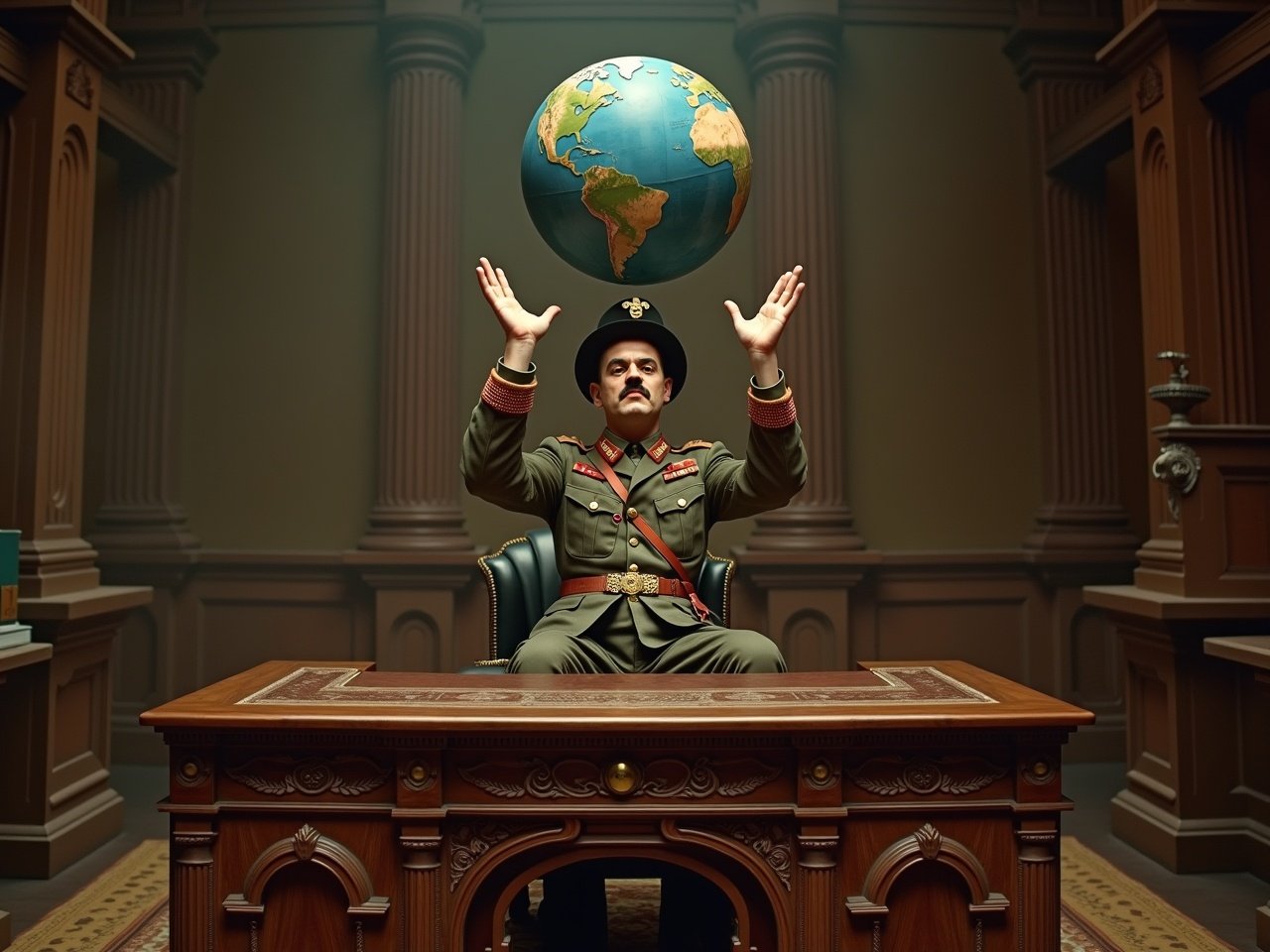 Scene inspired by The Great Dictator. The soldier is seated at a large ornate desk. He wears a vintage military uniform with exaggerated decorations. In his hands is a balloon resembling the Earth. His expression is playful and contemplative. The atmosphere is surreal and theatrical.